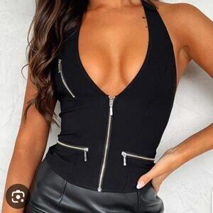 White Fox black halter top size XS